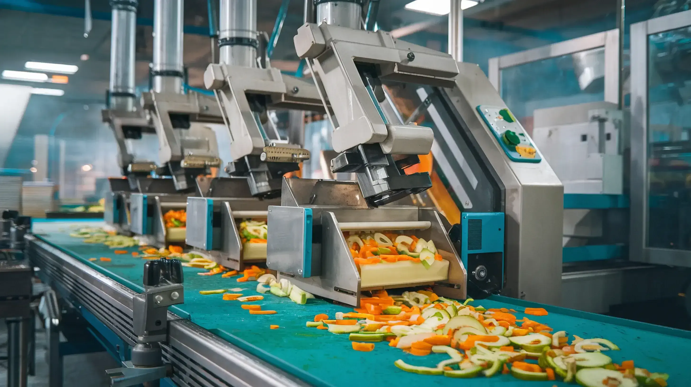 Een geautomatiseerde productielijn in een voedselverwerkingsfabriek, waar industriële robots gesneden groenten zoals wortels, courgettes en uien sorteren en verwerken. De lopende band is blauw en de machines zijn uitgerust met metalen armen en sensoren om de producten nauwkeurig te hanteren. De achtergrond toont meer machines en glaswanden binnen de fabriek.