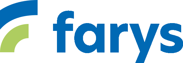 Logo van Farys. De bedrijfsnaam is in blauwe kleine letters geschreven met een modern lettertype. Links staat een gestileerd symbool bestaande uit drie gebogen vormen in blauw, wit en groen.