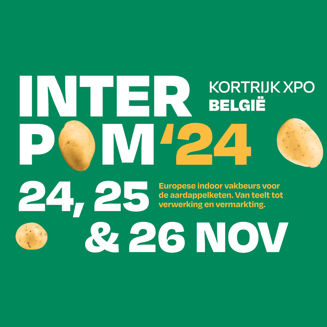 Vierkante banner voor Interpom '24, een Europese indoor vakbeurs voor de aardappelketen. De achtergrond is groen, met de beursnaam in grote witte en gele letters. Verspreid over het ontwerp zijn afbeeldingen van aardappels. De locatie, Kortrijk Xpo in België, en de data 24, 25 en 26 november worden duidelijk vermeld. Rechts staat een korte beschrijving van het evenement in gele tekst.