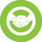 A green circular icon with a white symbol of two hands that shake each other in the middle, surrounded by a thin white ring. The design symbolizes cooperation, partnership or similarities.