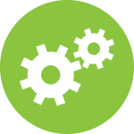 A green circular icon with two white gears of different sizes in the middle, which overlap each other. The design symbolizes technology, mechanical processes or efficiency.