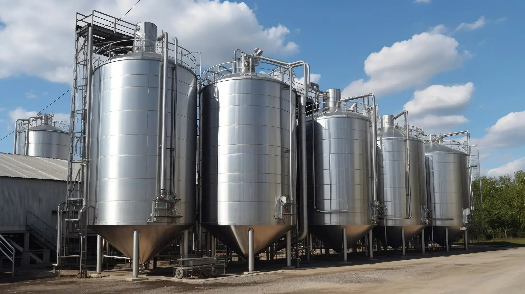 Industrial storage tanks of stainless steel, installed in a row on a factory site. The tanks have cone -shaped undersides and are connected to tubes and walking platforms for access and maintenance. A blue sky with white clouds is visible in the background.