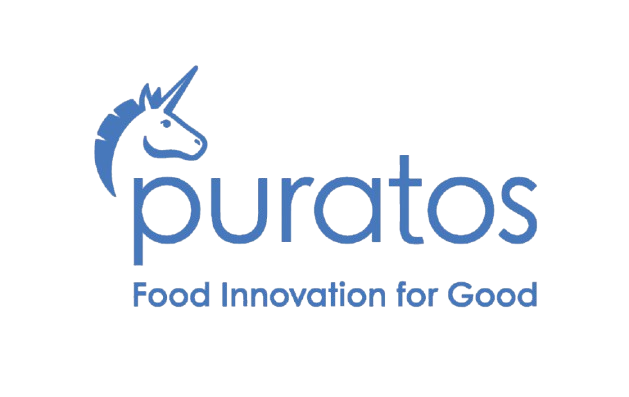 Logo van Puratos. De bedrijfsnaam 'puratos' is in een modern, blauw lettertype geschreven. Links van de tekst staat een gestileerde afbeelding van een eenhoorn. Onder de naam staat de slogan 'Food Innovation for Good' in een kleinere, blauwe letterstijl.