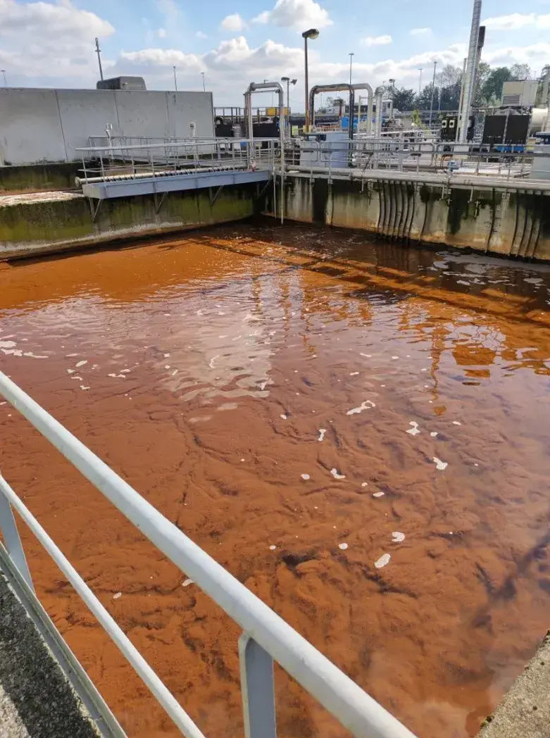 Industriële waterzuiveringsinstallatie met een groot bassin gevuld met bruin gekleurd water. Het bassin is omgeven door betonnen wanden en metalen leuningen. In de achtergrond zijn buizen, pompen en andere technische installaties zichtbaar, evenals een helderblauwe lucht met enkele wolken.